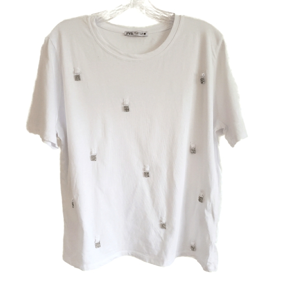 ZARA White Tshirt With Hanging  Rhinestones Size Sm